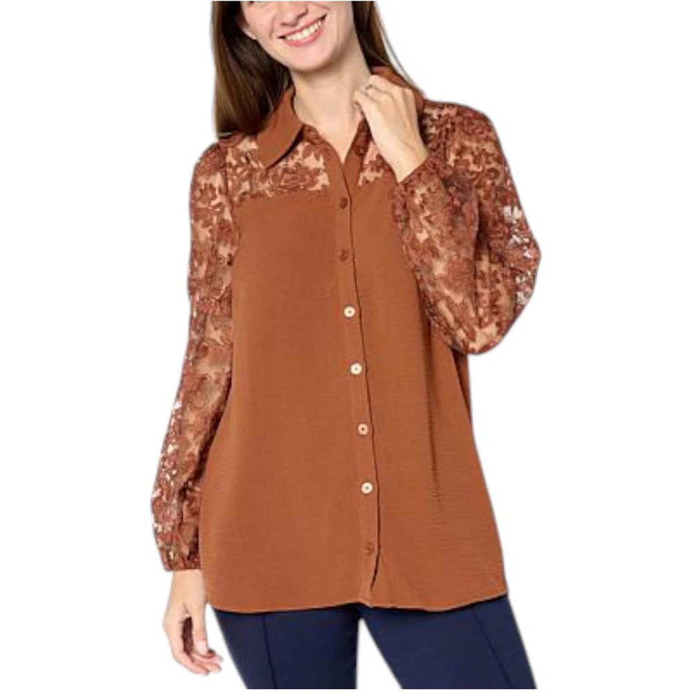Nina Leonard Women's Textured Wave & Embroidered Mesh Top Burnt Toffee - Regular